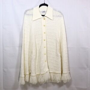 Cuddle Knit Cape OS White Womens Fringe Button Up Vintage‎